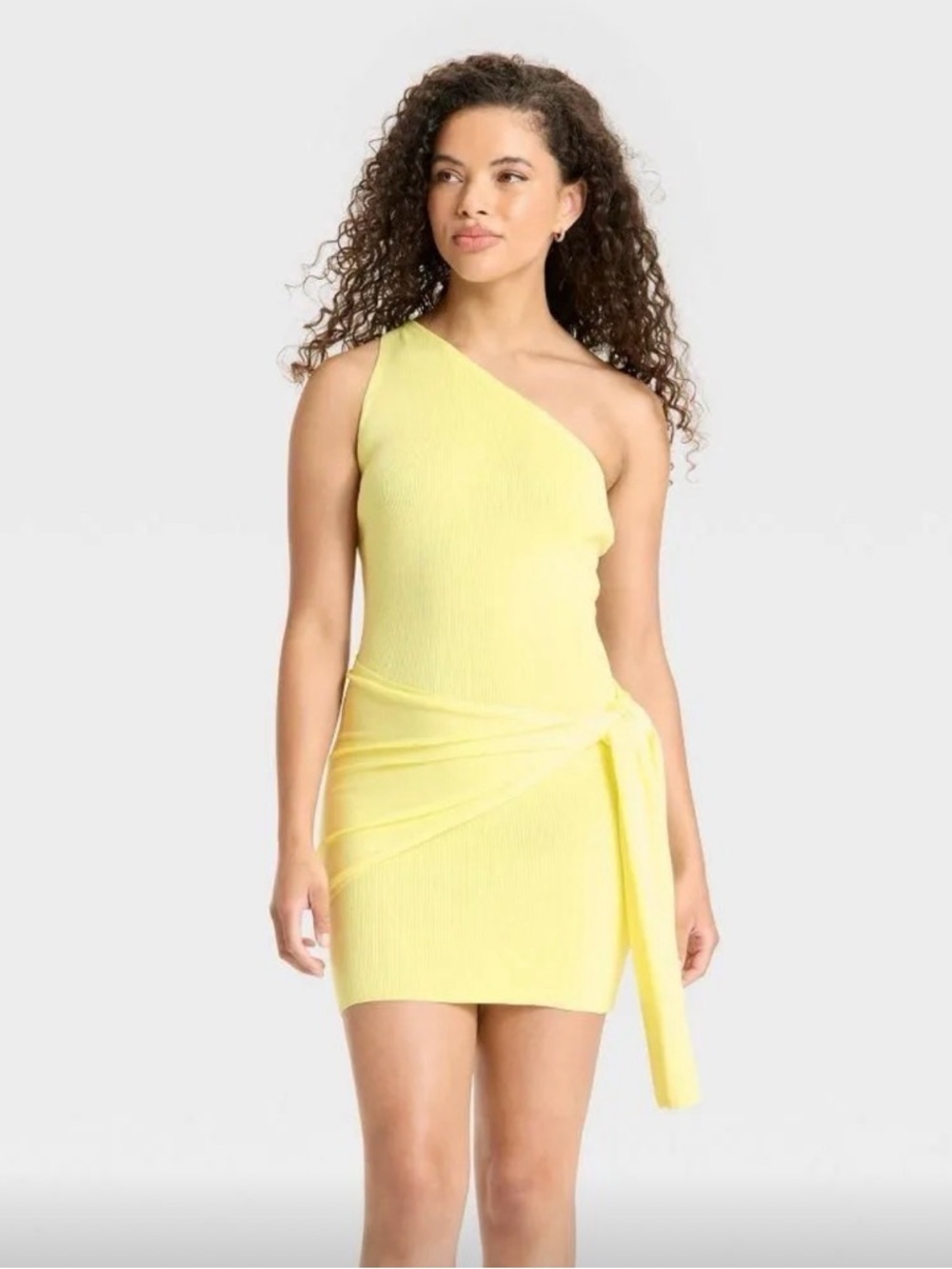 One-Shoulder Yellow Knit Mini Dress
